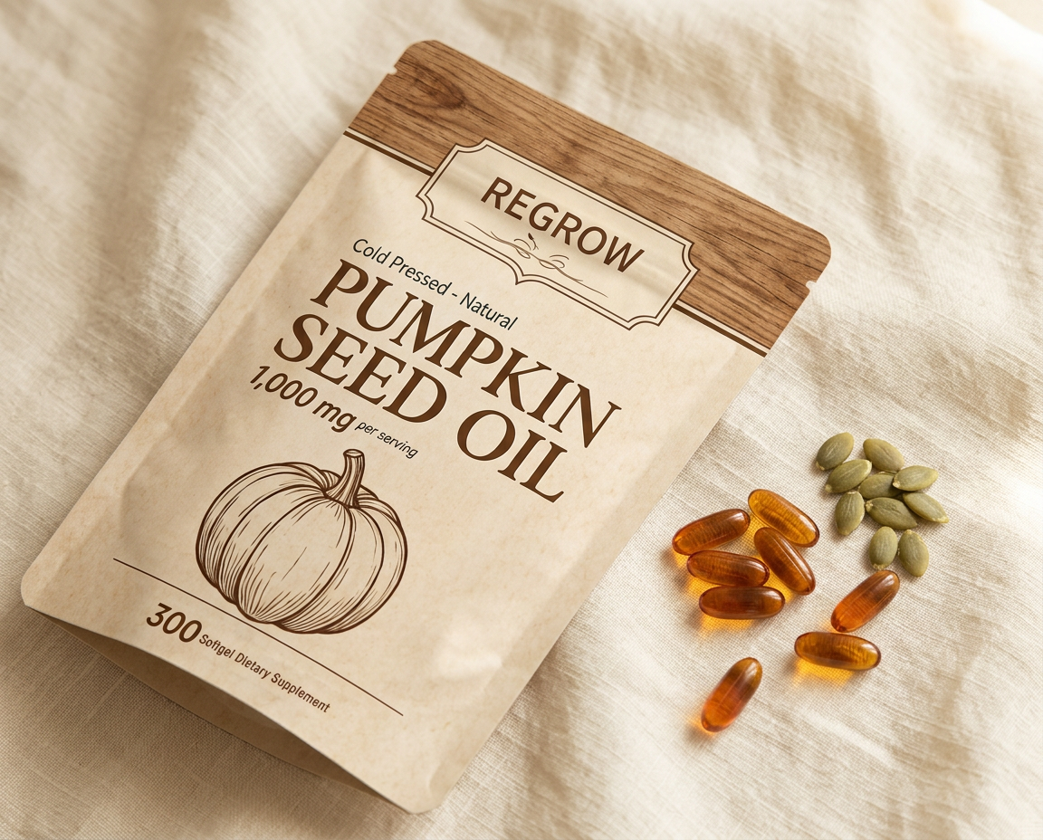 REGROW pouch with softgels and pumpkin seeds on cream linen
